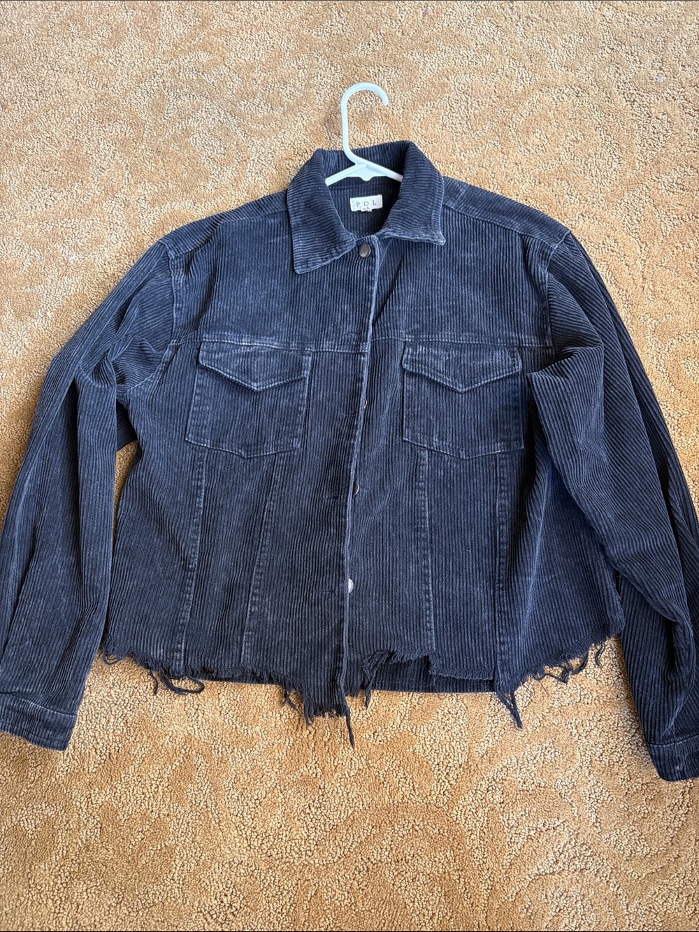 POL Gray Corduroy Jean Jacket with Distressed Hem